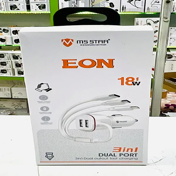 MS STAR EON 18W Fast Charging 3-in-1 Dual USB Port Car Charger with High-Speed Data Cable