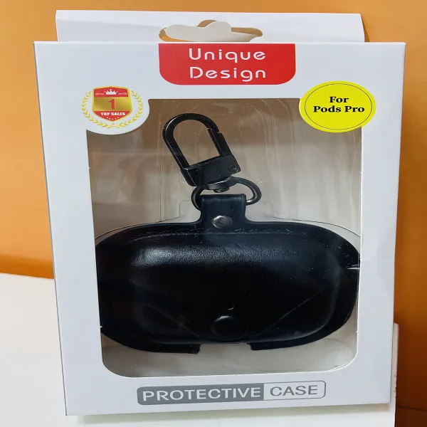 Protective Leather Case for AirPods Pro – Black Unique Design with Carabiner Clip (Top-Sold)